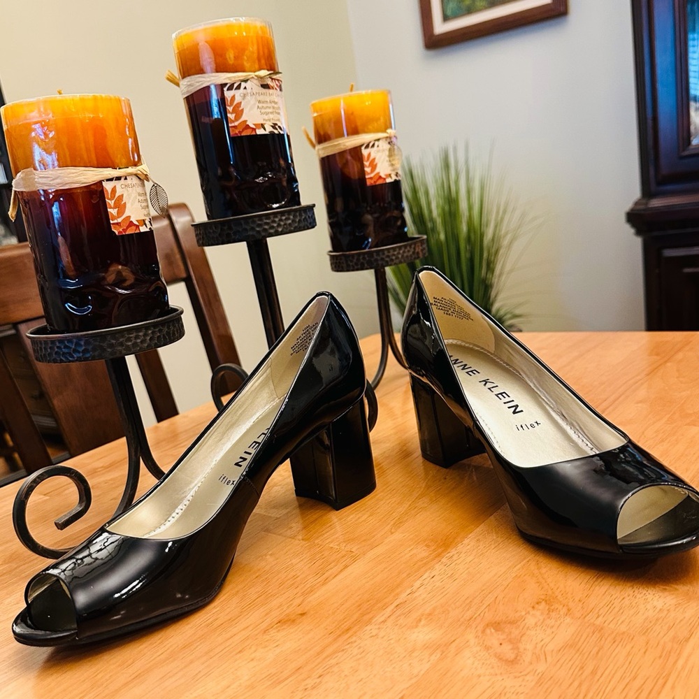Anne Klein Black Patent Peep-Toe Block Heels